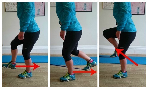 A theraband is an excellent way of functionally strengthening the hamstring in a running motion